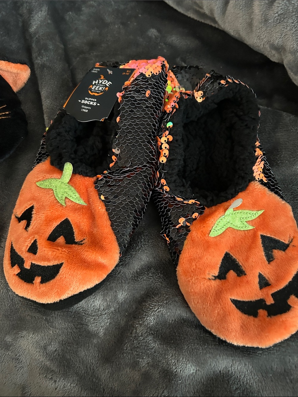 Kids' Orange Pumpkin Sequin Slipper Socks